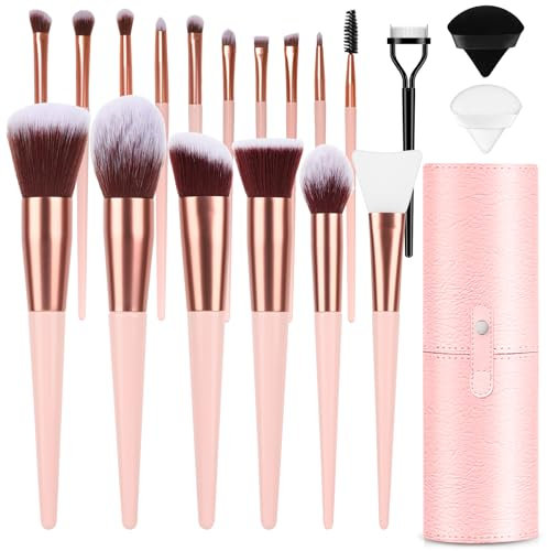 LUXBRU Set di 20 pennelli da trucco con fondotinta, sopracciglia, correttore, fard, ombretto, contouring, ciglia, cipria, kit con custodia da viaggio e 2 cipria rosa