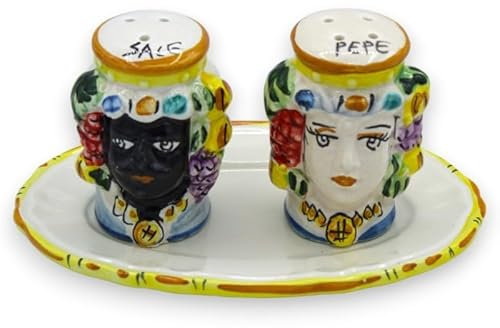 SICILIA BEDDA CAPACI Set Sale e Pepe Teste di Moro con Vassoio, Ceramica Caltagirone