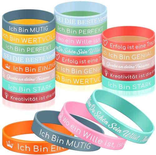 Aoriher 24 Stück Motivationsarmbänder auf Deutsch 20,3 cm Inspirierende Silikon Armbänder mit Positiven Sprüchen Motivierendes Silikonarmband Mutmacher Geschenk für Kollegen Teenager(Bunt)
