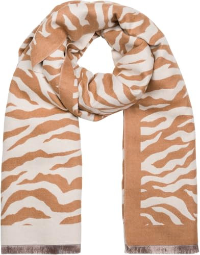 styleBREAKER Damen Schal mit Zebra Animal Print Muster, warmer Tierprint Schal mit Fransen, Reversible Style 01017158, Farbe:Beige-Braun