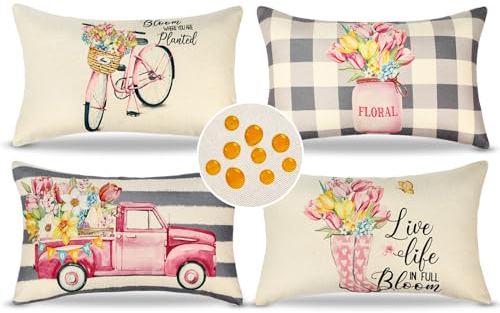 Sofakissen Frühlings Dekorative Kissenbezüge Kissenhüllen 4er Set Blumen Leinen Sofakissen Outdoor wasserdichte Kissen 30x50 cm Sofa Dekokissen Kissenbezug für Wohnzimmer Schlafzimmer Dekor