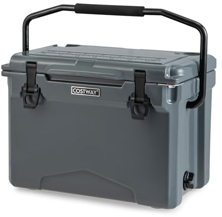 COSTWAY 25QT/30QT/50QT Rotomolded Enhanced Ice Cooler Box, Portable Ice Retention Boxes with Cup Holders and Bottle Opener, Insulated Ice Chest, 5-7-day Ice Retention (23L, with Nylon Handle, Grey)
