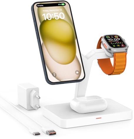 GEEKERA Estación de Carga Magnética 3 en 1, Estación de Carga Inductiva Inalámbrica Compatible con iPhone 16/15/14/13/12/Pro MAX/Mini, Apple Watch 10/9/8/7/6/SE/5/4/3, AirPods 4/3/2/Pro, Blanco