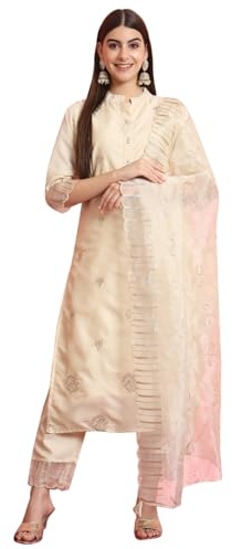 VredeVogel Women's Silk Blend Embroidered Kurta with Pant & Dupatta Set