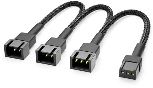 deleyCON 20cm 3-Pin Lüfter Verteilerkabel mit Nylonmantel - Verlängerungskabel Lüfterkabel Splitter Kabel für PC Computer Workstation - Schwarz