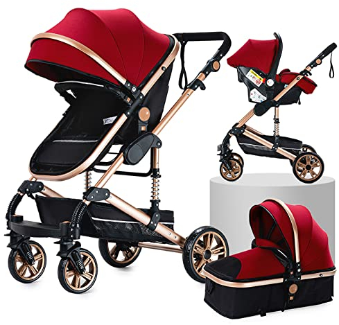 NADDLILY Kinderwagen 3 in 1, Buggy mit Umkehrbarem Zwei-Wege-Schub, Kinderwagen mit Faltbarem Tragbarem One-Click-Design, Kinderwagen 3 in 1 Komplettset mit Zubehör Hohe Landschaft (739 Red)
