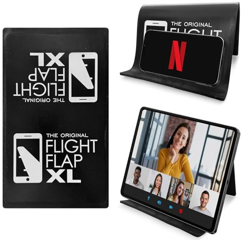 Flight Flap Airplane Tablet Holder, Extra Large 12x7” Flexible Cell Phone and Tablet Holder, Folding Cellphone Stand for Desk, Kindle, Bed, Long Flight Travel Accessories, Plane Essentials (Black)