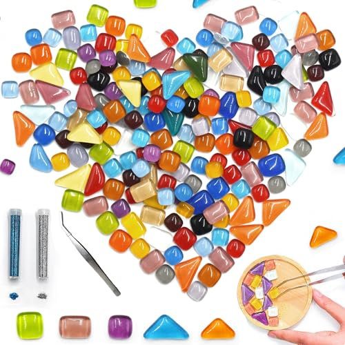 SHENSAIGO 250g Bunte Glas Mosaiksteine, Unregelmäßig Gemischte Glas Mosaik Steine mit Pinzette, Mini Mosaiksteine Zum Basteln, Mosaik Bastelset Erwachsene für Fotorahmen Blumentöpfe DIY Kunstprojekte