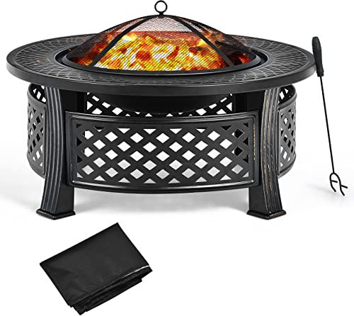 GYMAX 3 in 1 Feuerstelle φ81 cm, Feuerkorb mit Grillrost & Schürhaken, Feuerschale mit Abdeckung, Grillschale für Garten, Camping & Grillparty, Schwarz
