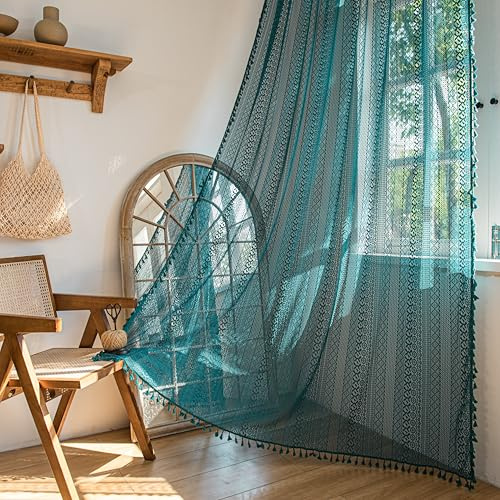 Sutuo Home Boho-Vorhänge ca. 244 cm lang, für Schlafzimmer, Wohnzimmer, Kinderzimmer, Häkelspitze, transparent, Boho-Stil, Quasten, Stangendurchzug, 1 Vorhang ca.150 x 244 cm (B x L), Türkis