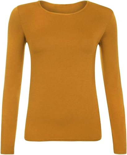 FASHION MY LOVE Women Ladies Long Sleeve Round Neck Plain Top Stretchy Casual Summer T-Shirts Basic Slim fit Tee Tops UK Plus Size 8-26 Mustard