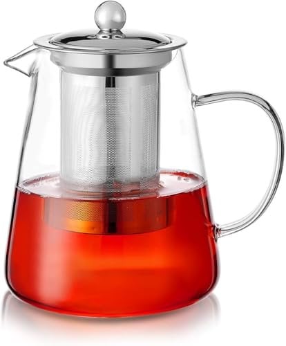 PluieSoleil Clear Glass Teapot with Infuser, Round Shape Infuser Tea Pot, Heat-Resistant Borosilicate Glass Strainer Teapot, Stovetop Safe Tea Maker 950ML
