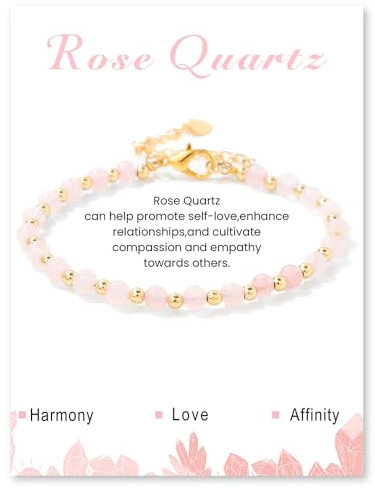 Uwiyo Bracelet Pierre Naturelle Femme, Réglable Bracelet Pierre Naturelle de 4mm Bracelets Plaqués Or Cristal Bracelets pour Femme Filles pour Anniversaire, Fête des Mères, Noël (Quartz Rose)