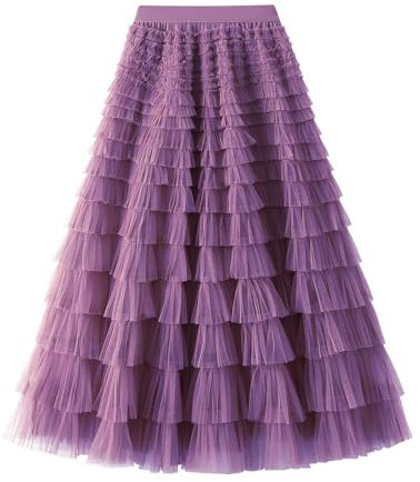 Gonna in tulle da donna a vita alta, gonna a pieghe lunga con volant, tinta unita, casual, in tulle, elegante, per carnevale, feste a tema, Lilla, L