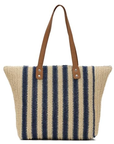 EVEOUT Women Straw Tote Bag Summer Large Woven Stripe Beach Bag Boho Raffia Shoulder Bag for Holiday Work