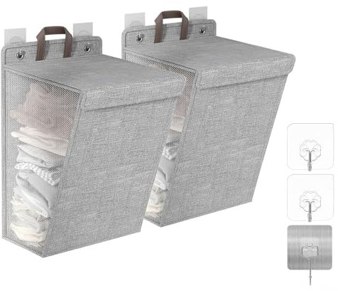 Wäschekorb Faltbar Wandmontage,Kaluofan 2 Stk Wäschekorb mit Deckel,Laundry Baskets mit Griff, Zusammenklappbare Aufbewahrung für Wäschekorb Schmal Mit Haken, Platzsparende Mehrzweckbehälter
