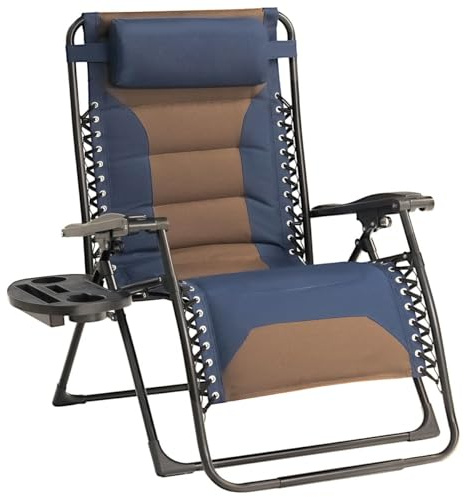 Foristrail Zero Gravity Chair Oversized Padded Recliner with Adjustable Headrest & Cup Holder - 600D Oxford Folding Lounge Chair for Outdoor Camping, Patio, Poolside (Brown & Blue)