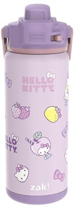 Zak Designs Sanrio Kid Water Bottle for Travel or At Home, 20oz Stainless Steel is Leak-Proof and Vacuum Insulated with Spout, Locking Cover, Carry Handle, Protective Base (Hello Kitty)