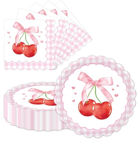 LDFDRT Vaisselle de fête d'anniversaire, assiettes en carton et serviettes, assiettes de fête 23 cm, 20 pièces et 20 serviettes en papier, pour décoration de mariage, jardin, fête, cerise