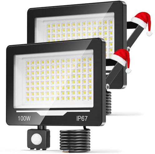 TOPAUBUB 100W 10000LM LED Strahler Fluter mit Bewegungsmelder Außen 2 Stücke, 6500K Kaltweiß Hell LED Scheinwerfer mit Bewegungsmelder, IP67 Wasserdicht Aussenstrahler für Garten Hofbeleuchtung