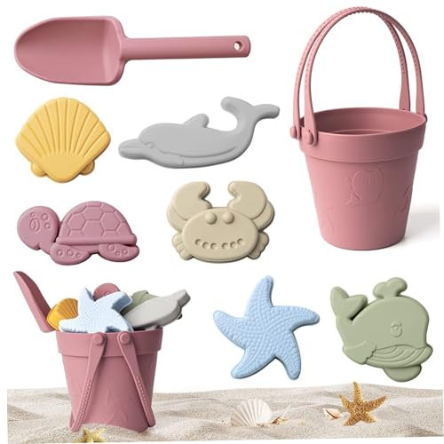 11 PCS/Set Sand Toys de qualité Alimentaire Les Jouets de Plage en Silicone coloré avec Sac en Mesh incluent la Pelle, Le Seau, Les moules Sable et Les Voitures aléatoires boîte étanche pour Le