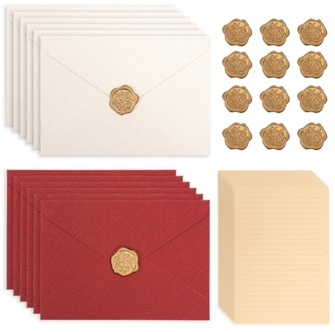 Vintage Briefpapier Set 44 Stück mit Briefpapier & Umschlägen, 20 A5 Papier, 12 Briefumschläge, 12 Wachssiegel Aufkleber für Grußkarten Weihnachten Valentinstag