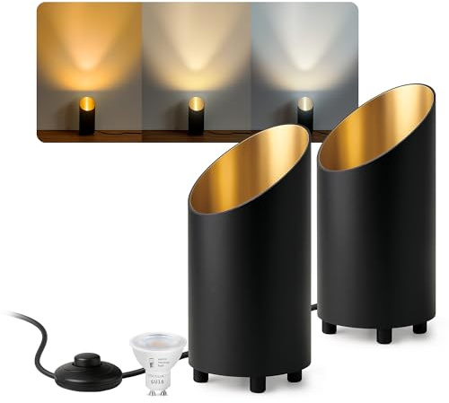 SSC-LUXon AUREVA Bodenlampe 2er Set schwarz-gold GU10 3 Lichtfarben | Zwei Uplight-Bodenspots schwarz-gold - warm / neutral / kalt per Schalter, für Wohn- & Schlafzimmer, inkl. GU10 LED