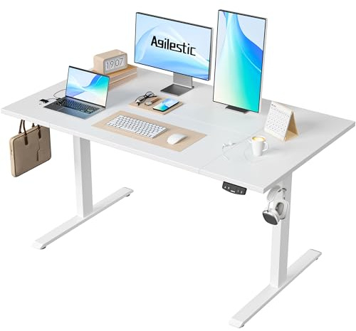 Agilestic Height Adjustable Electric Desk, 2 Memory Height, 140x80cm | 80cm wider Standing Desk, 72-116cm, Sit-Stand Office Desk with 2 Hooks, Computer Desk for Home Office, 4 pcs Desktops, White