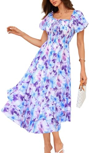 GRACE KARIN Women Summer Dress Square Neck Smocked A-line Floral Dresses | Summer Wedding Guest Dresses for Women UK Casual Elegant Puff Sleeve Maxi Dresses with Pockets