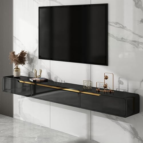 Ahtadums Massivholz TV Lowboard Hängend, TV Schrank hängend mit 2 Schubladen TV Board hängend Hängeschrank Wandregal komplett montiert (Schwarz A, 180cm)