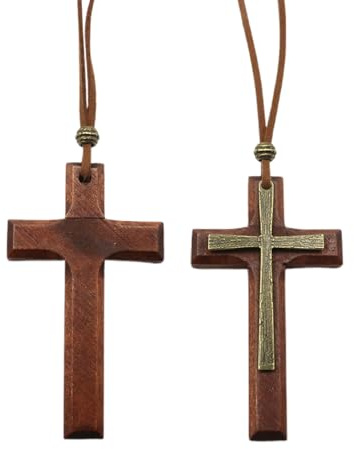 XFSRG Vintage Holz Kreuz Kette Lange Halskette 100 cm mit Doppellagigem Kreuzanhänger 5×8 cm Christlicher Schmuck und Kreuz Autoanhänger für Rückspiegel (Braun)