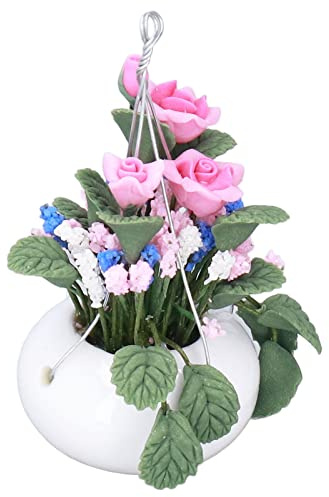 Phefop Mini Flower Pot, Clay Ceramic Hanging Plant Model with Rose for Dollhouse Use By Children