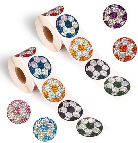 Penitue 1000pcs Soccer Stickers, 1.50in/3.8cm Multi-Color Holographic Football Decals Gifts Sports Ball Stickers for Laptop Phone Case Scrapbook Water Bottles Party Favors Stuff