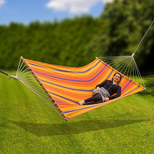 DEMA Outdoor Hängematte Colour XXL – Stabhängematte 2,10x1,45 m, Leinen, 200 kg Tragkraft, farbenfroh, stabile Befestigungsösen, Hartholz-Seilhalterungen – für Garten, Camping, Terrasse