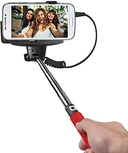 SBS Perche à Selfie Universelle pour Smartphone, câble Jack 3,5, télescopique jusqu'à 1 mètre, Adaptateur en Caoutchouc, Bouton sur la Tige, Rouge