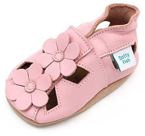 Dotty Fish Sandales Été rose à fleurs bébé et tout-petits en cuir souple – la démarche pieds nus, recommandées par podologues, Respirant, cuir bébé sécurisé, cheville élastiquée – 0-6 Mois (17 EU)