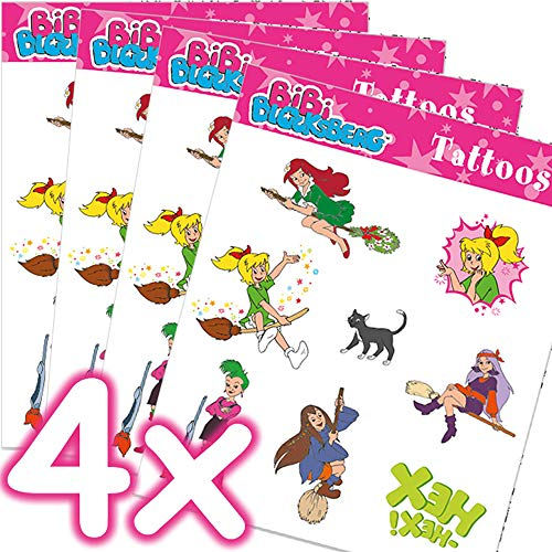 Mega-Tattoo-Set * BIBI Blocksberg * als Mitgebsel, Geschenk oder zum Spielen | 4 Bögen mit 32 Tattoos | Aufkleber Bilder Sticker Kinder Kindergeburtstag Geburtstag Tina Sabrina Mädchen Hexe