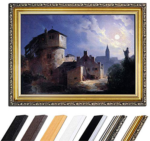 Bild mit Rahmen - Carl Spitzweg Mondschein über dem Dorf 50x40 cm - Gerahmtes Leinwandbild Alte Meister - Antiker Rahmen Gold Barock, Klassisch