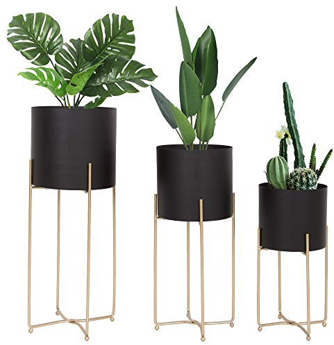 Sinolodo Mid Century Planter with Gold Plant Stand, 3 pcs Modern Planters for indoor Plants, Metal Floor Planter Set with Foldable Stand(Pack of 3)