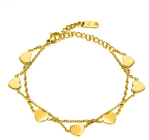 Kim Johanson Edelstahl Damen Armband *Heart* in Silber, Gold & Roségold | Armkette mit 7 Herzen | Boho Schmuck | Verstellbar inkl. Schmuckbeutel (Gold)