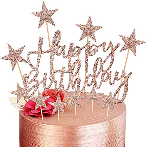 2 Sets Happy Birthday Cake Toppers, Rose Gold Cake Topper Banner for Girls Boys Women Man Birthday Glitter Cake Decorations, Stars Cupcake Toppers for Kids Baby Shower Party Supplies (Champagne Gold)