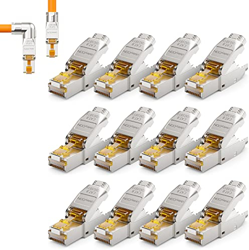 deleyCON 12x CAT 8 Netzwerkstecker 90° Winkel Stecker RJ45 Werkzeuglos Geschirmt 40 Gbit/s Netzwerk Stecker für Starre Verlegekabel Rohkabel Steckverbinder RJ45 Ethernet LAN DSL Patchkabel