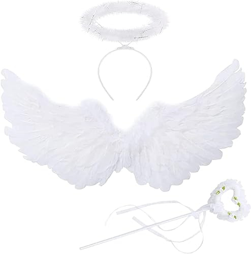 YeahBoom Engelsflügel Weiß,60CM Engel Kostüm Damen mit Heiligenschein und Zauberstab,Engel Flügel,Weiße Flügel Mädchen,Engelsflügel Deko,Federflügel Engel