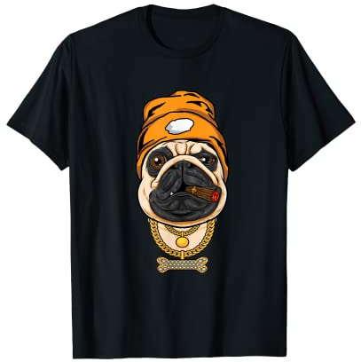 Halskette mit Mops-Anhänger, Hipster-Mops mit goldenem Knochen T-Shirt