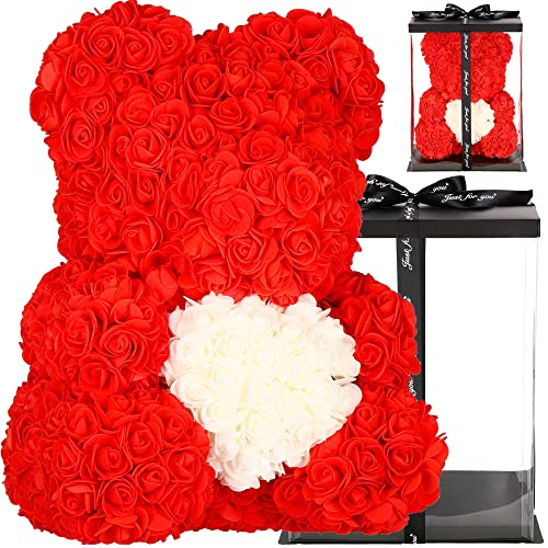 SPRINGOS Teddybär aus Rosen mit Herz Rosenbär Geschenkbox Kunstblumenfigur Höhe 36 cm Geschenk für Mama Verlobung Geburtstagsgeschenk