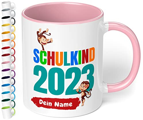Geschenk zur Einschulung für Mädchen und Jungen: personalisierte Tasse Schulkind 2025 Affen-Motiv mit Namen, Rosa