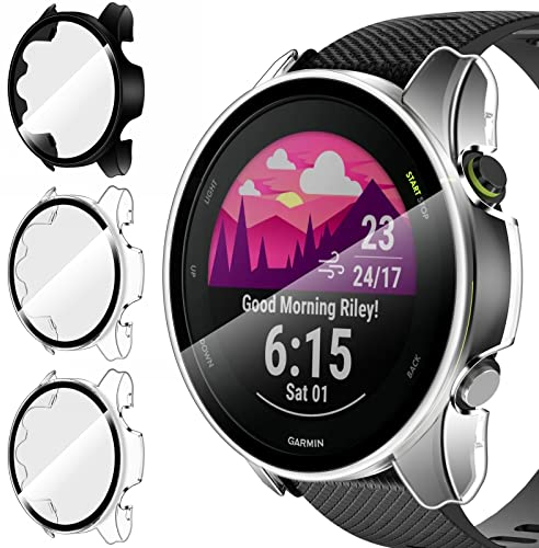 ivoler 3 Pièces Dur PC Coque avec Protection écran en Verre Trempé pour Garmin Forerunner 255 46mm, Couverture Complète Étui de Protection Anti-Rayures Bumper Housse (2 Transparent + 1 Noir)