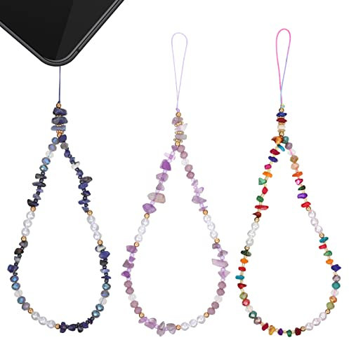 Ifundom 3PCS Beaded Phone Charm - Handmade Natural Stone Lanyard Wrist Strap With Beads Chain - Anti-Lost Bracelet for Girls