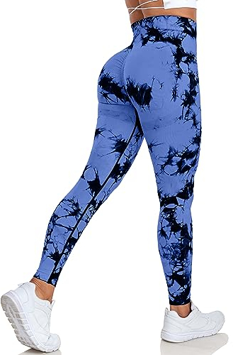 Vertvie Boom Booty Leggings Damen Sport Leggings High Waist Push Up Po Seamless Leggings Scrunch Sportleggings Hose Slim Fit Fitness Hosen Damen Gym(Tie Dye Dunkelblau,S)