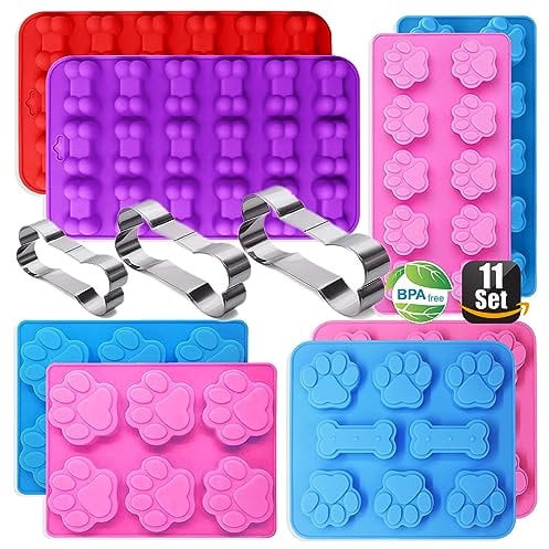 RUGVOMWM Dog Treat Molds Silicone,Dog Paw and Bone Silicone Molds,Non-Stick Food Grade Silicone Moldsfor Chocolate,Candy,Jelly,Dog Treats - Set of 11